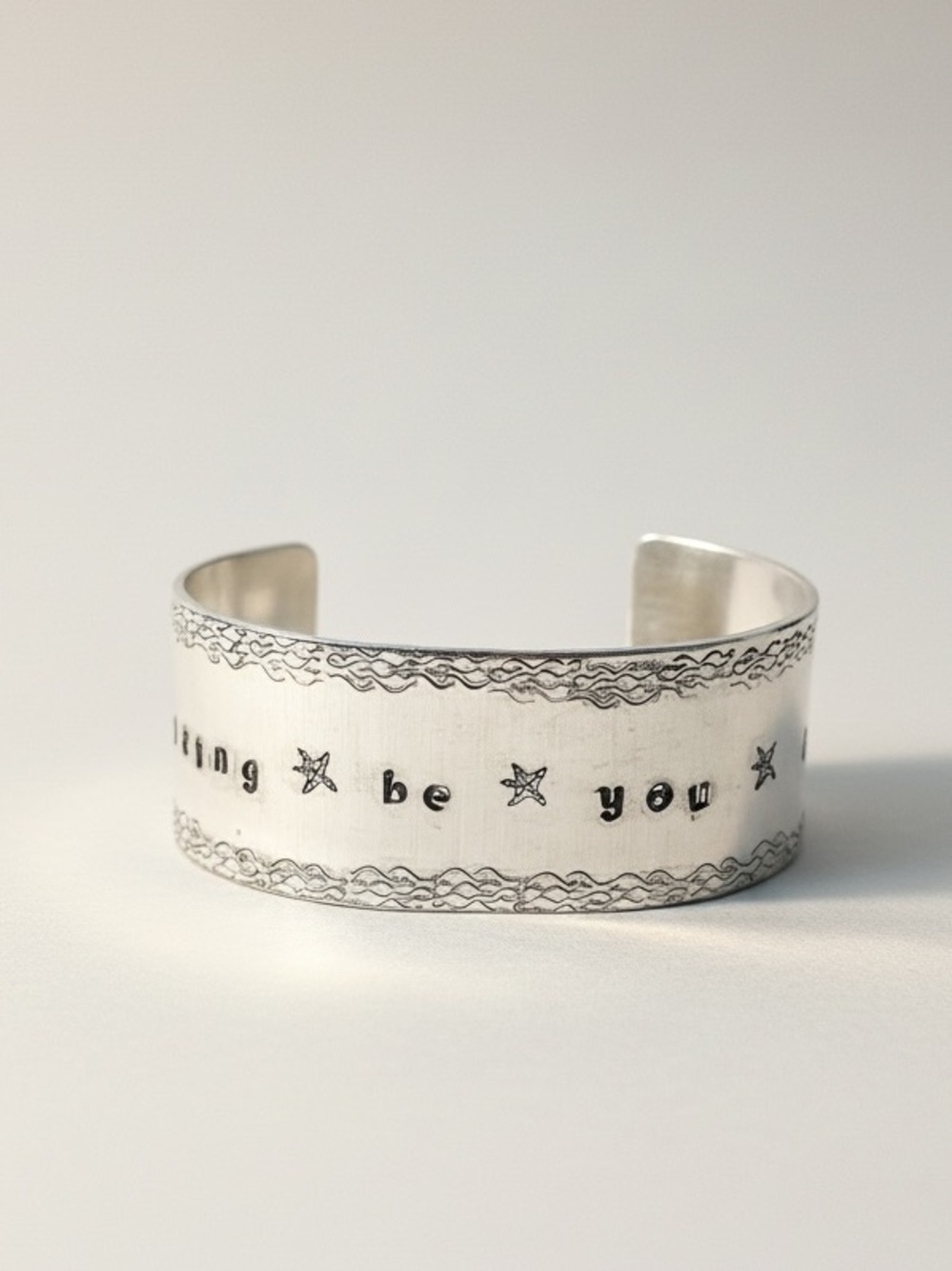 Handmade stamped motivational ocean adjustable hypoallergenic wide cuff bracelet